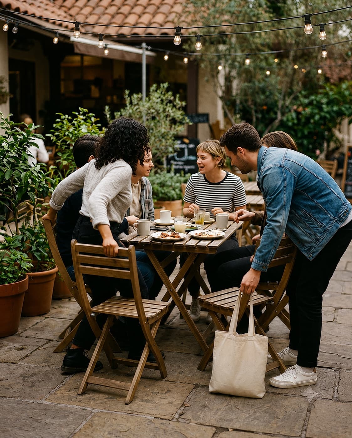 A host and their guests around a patio table at a Knots event