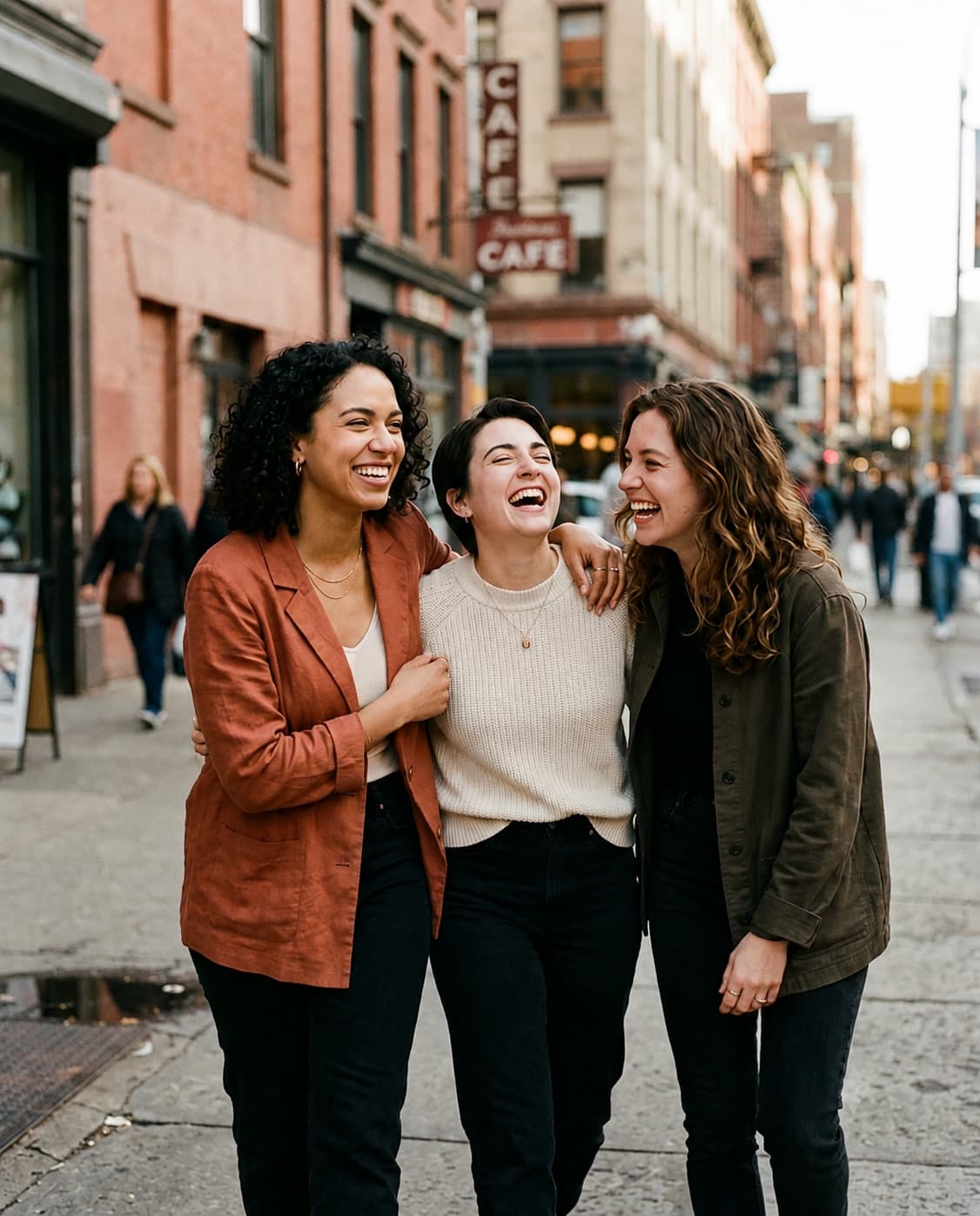 Three friends walking down the street together, laughing