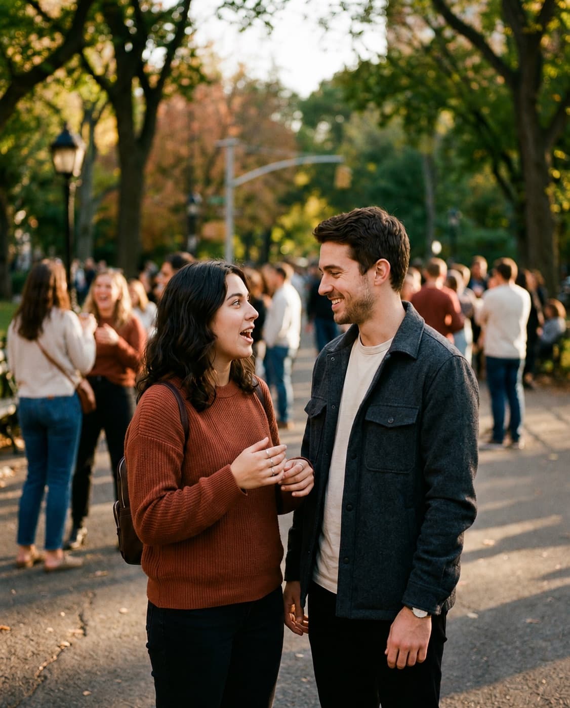 Two people talking at a busy park event, hitting it off