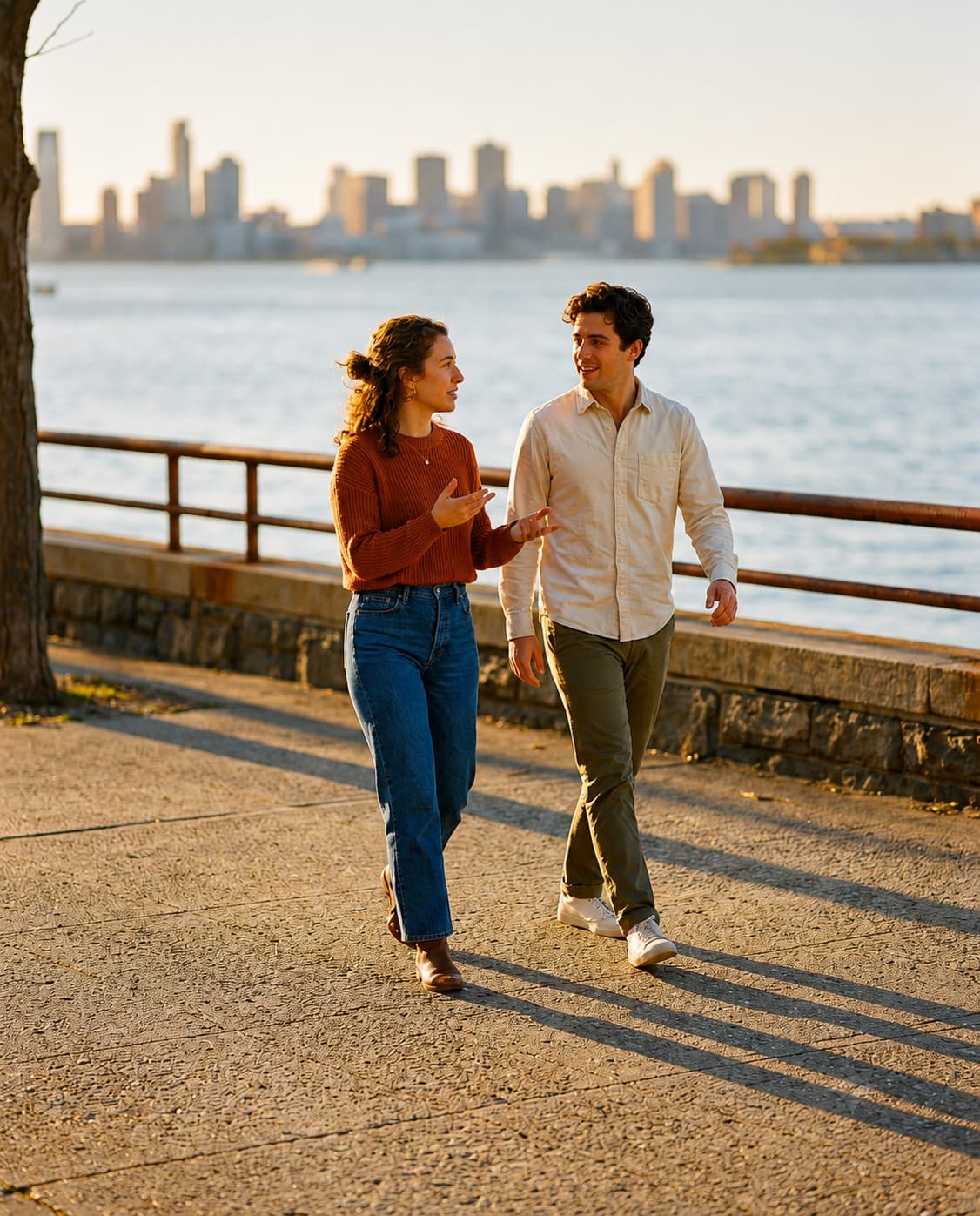 A couple on a one-to-one date walking the waterfront at sunset